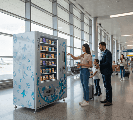 Transportation hub vending deployment visual for airports and station environments