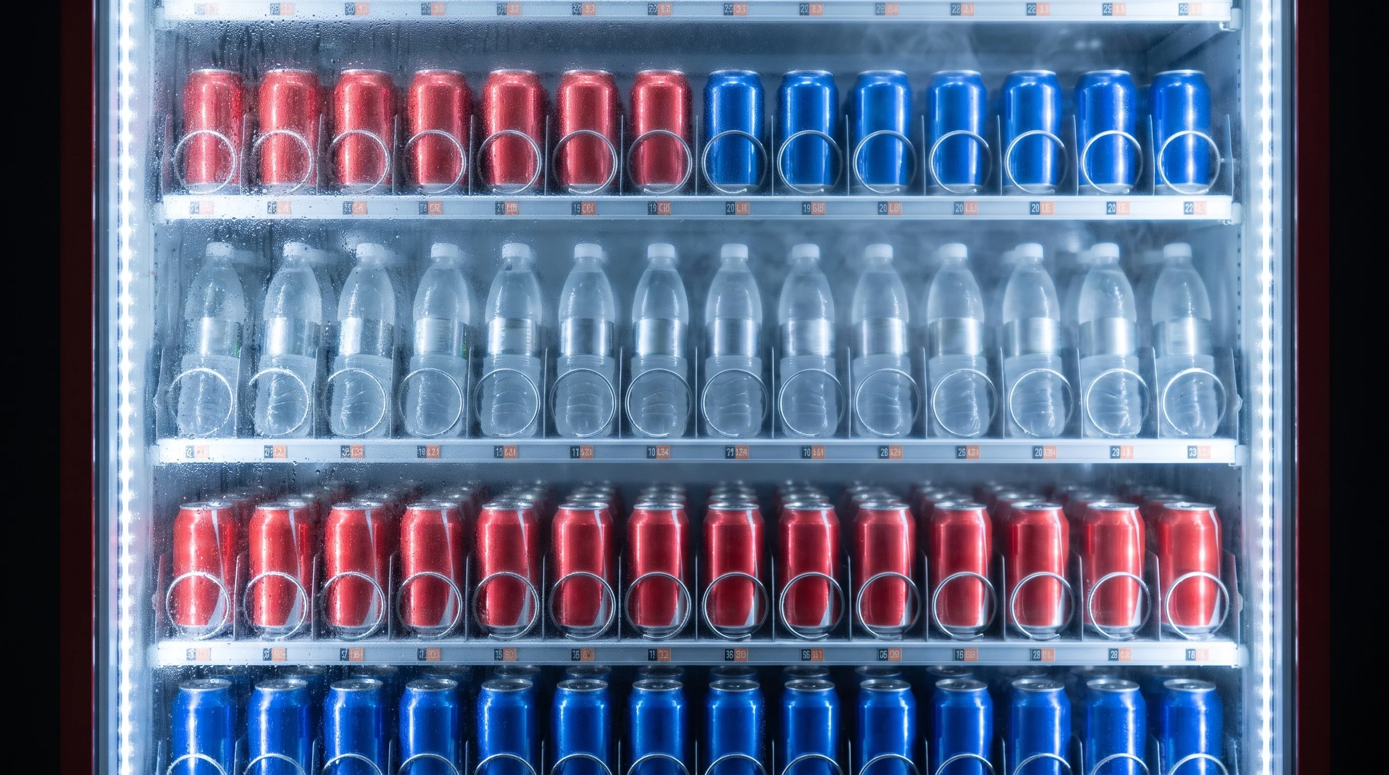 Chilled cans and bottles on vending machine shelves