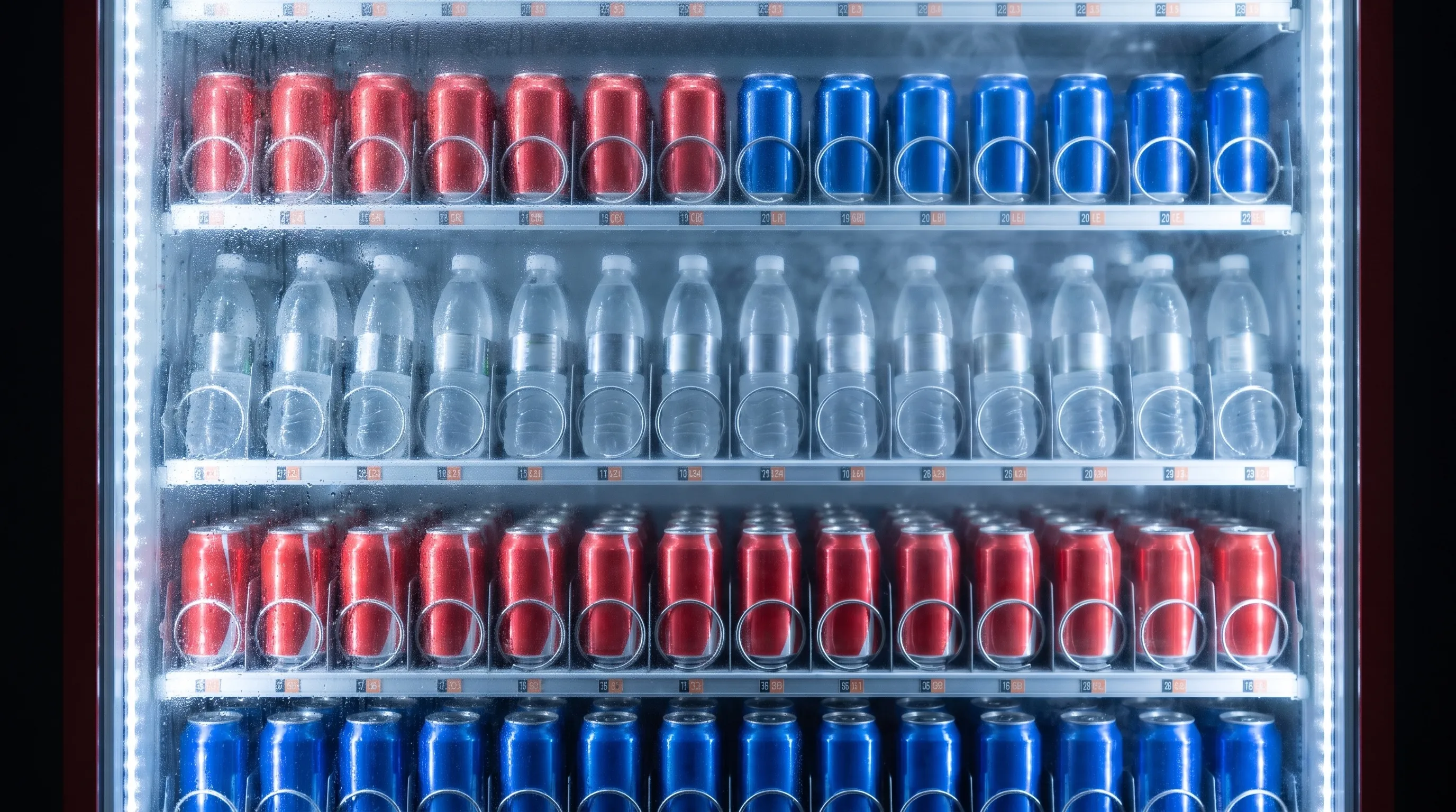 Chilled cans and water bottles behind the Galaxy 22 glass with condensation