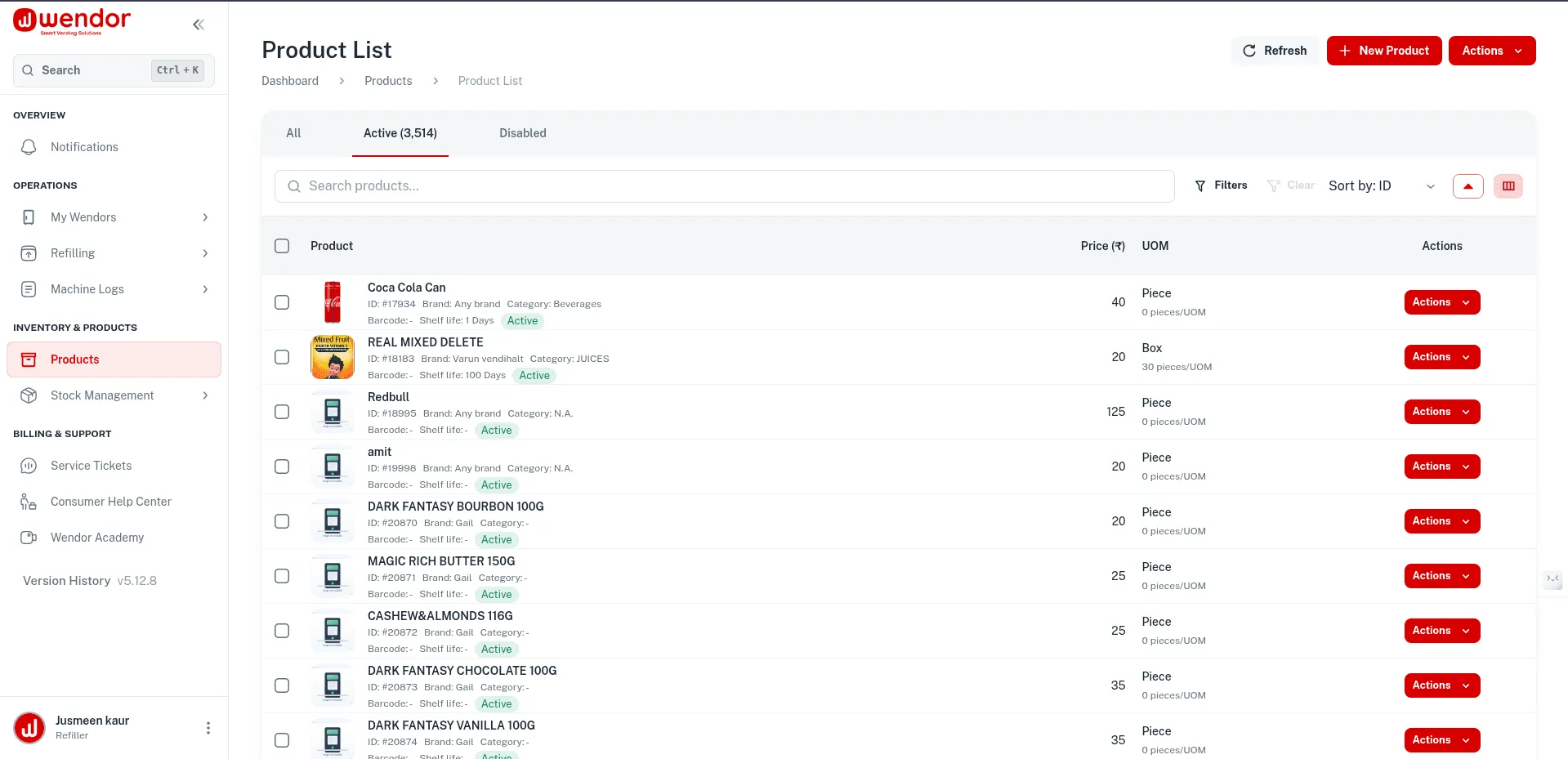 Wendor VMS product list with prices, brands, categories and shelf life for each SKU