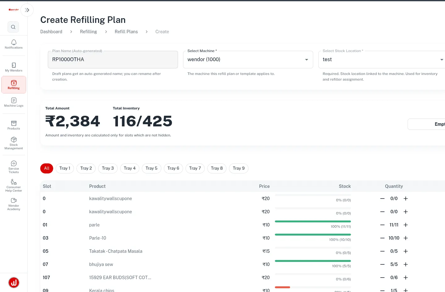 Wendor VMS Create Refilling Plan screen with total refill value and inventory by tray