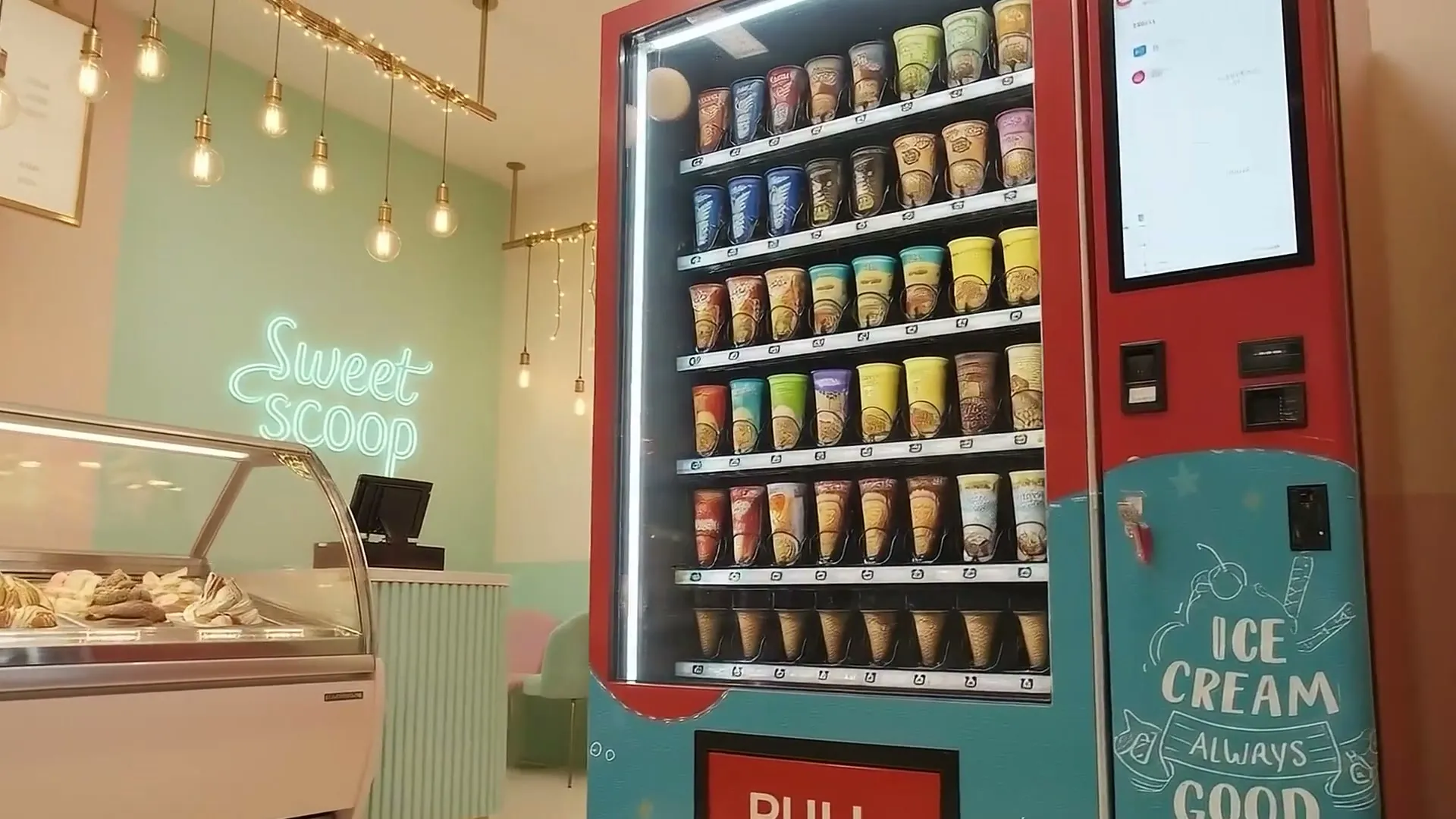 Rows of ice cream cones and cups behind the Frozone glass