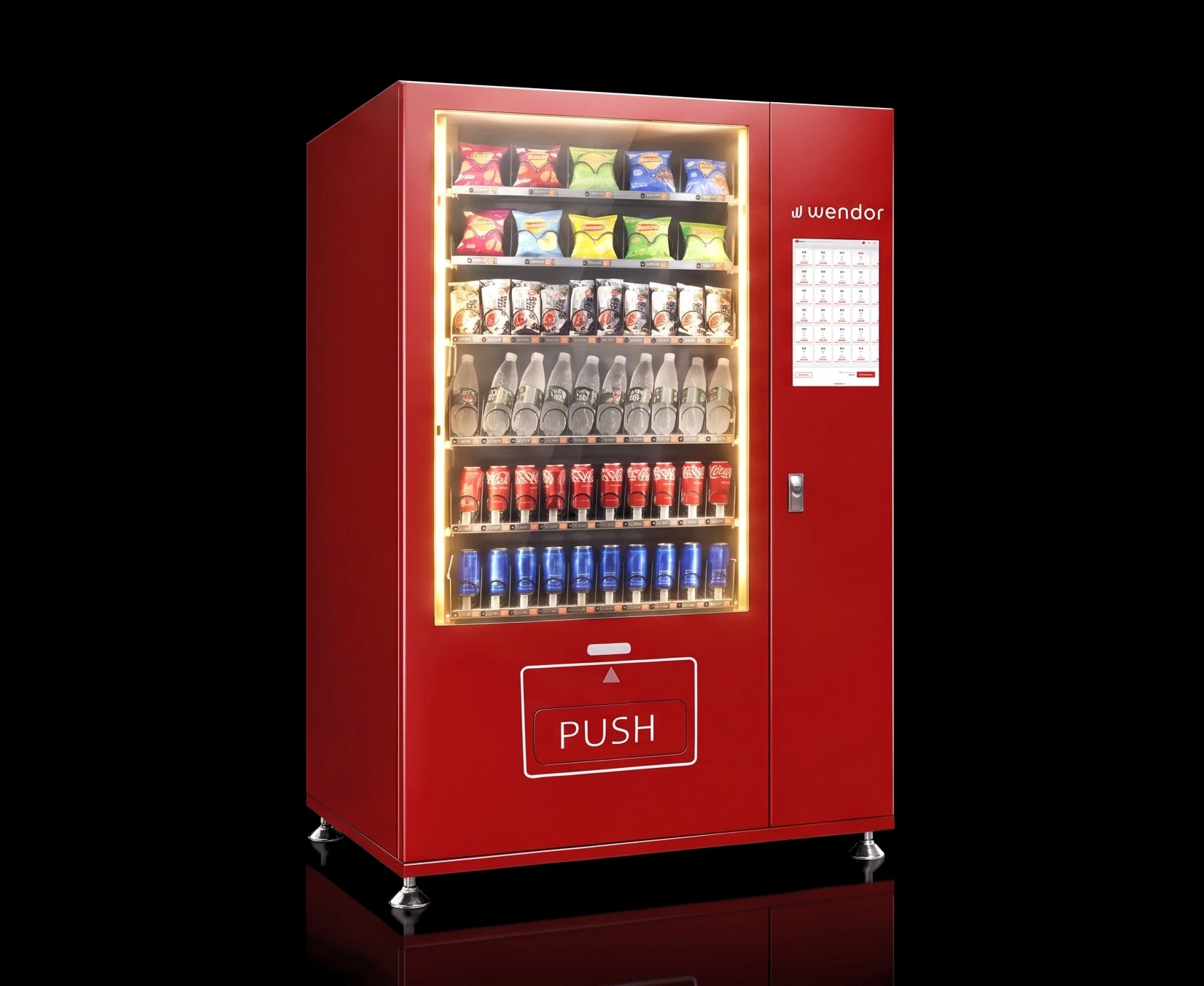 Red Wendor Galaxy 22 smart vending machine lit on a black studio background