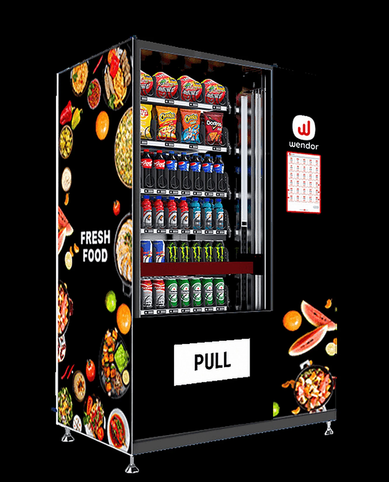 Wendor Nova Elevator vending machine with a fresh food wrap on a black studio background
