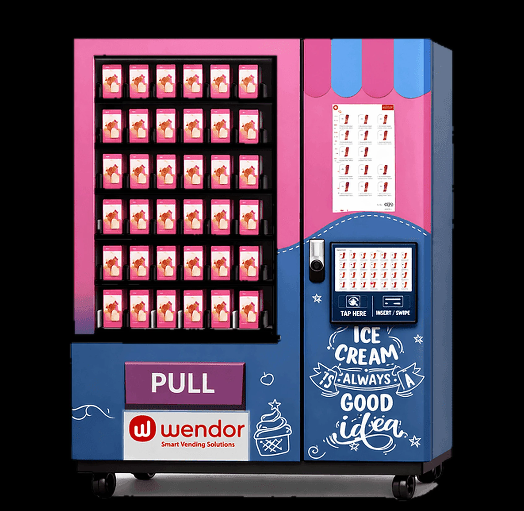 Wendor Frozone ice cream vending machine with a pink and blue wrap on a black studio background
