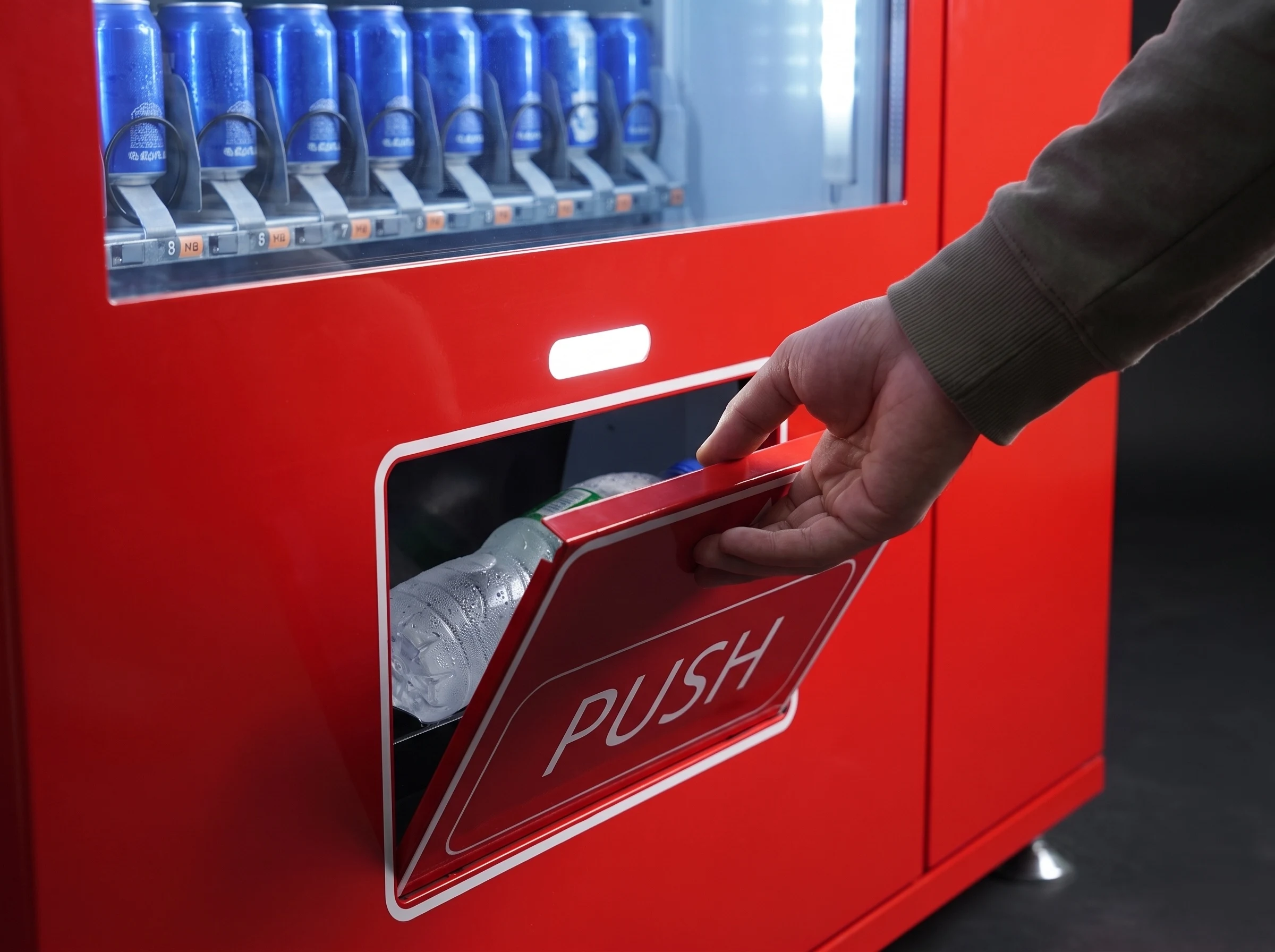 Hand opening the Galaxy 22 PUSH flap to collect a water bottle