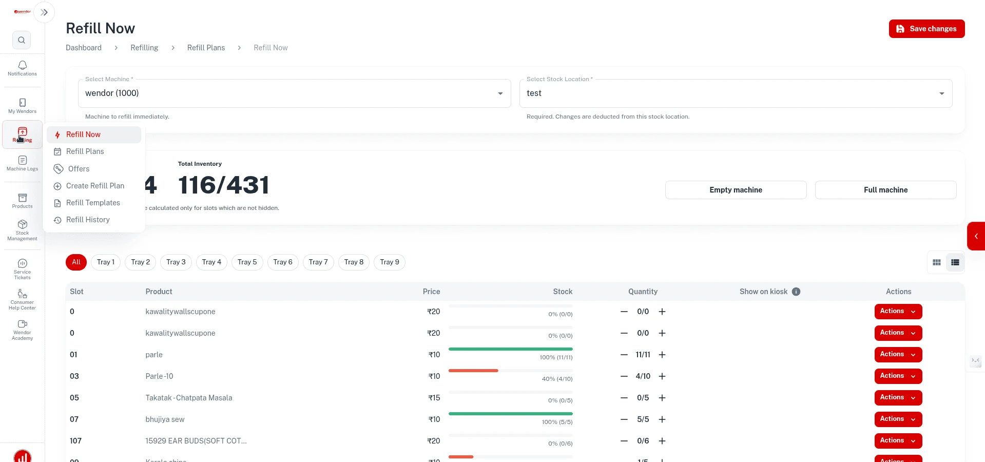 Wendor dashboard showing live stock levels per slot