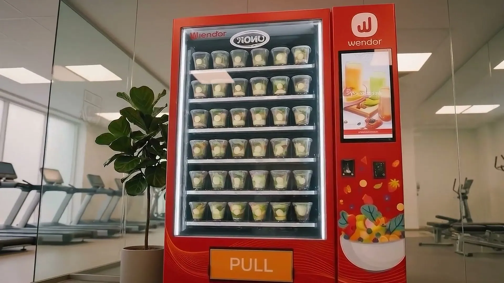 Nova Elevator touchscreen beside shelves of meal cups