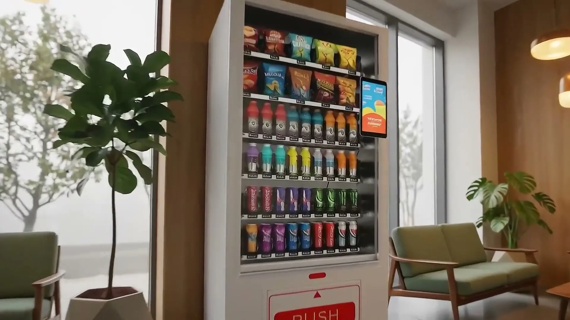 Orion 10 touchscreen beside lit shelves of snacks and drinks