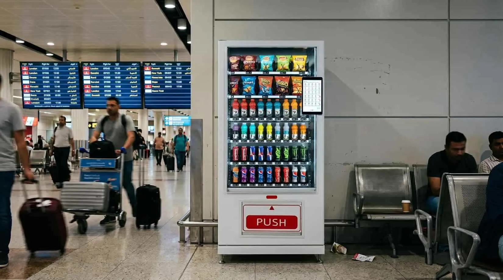 White Wendor snack and drink vending machine in an airport waiting area