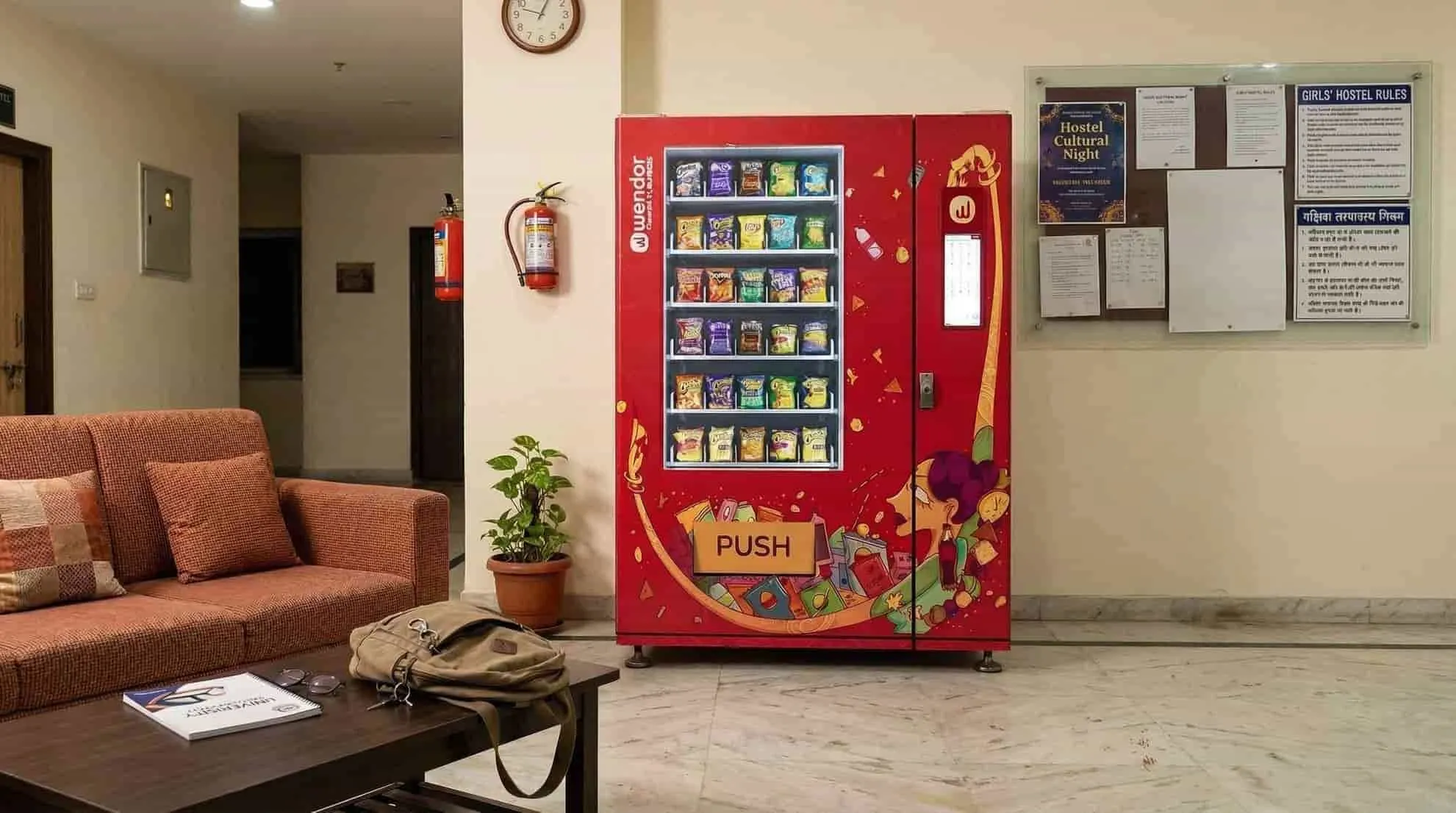 Custom-wrapped red Wendor vending machine in a college hostel lobby