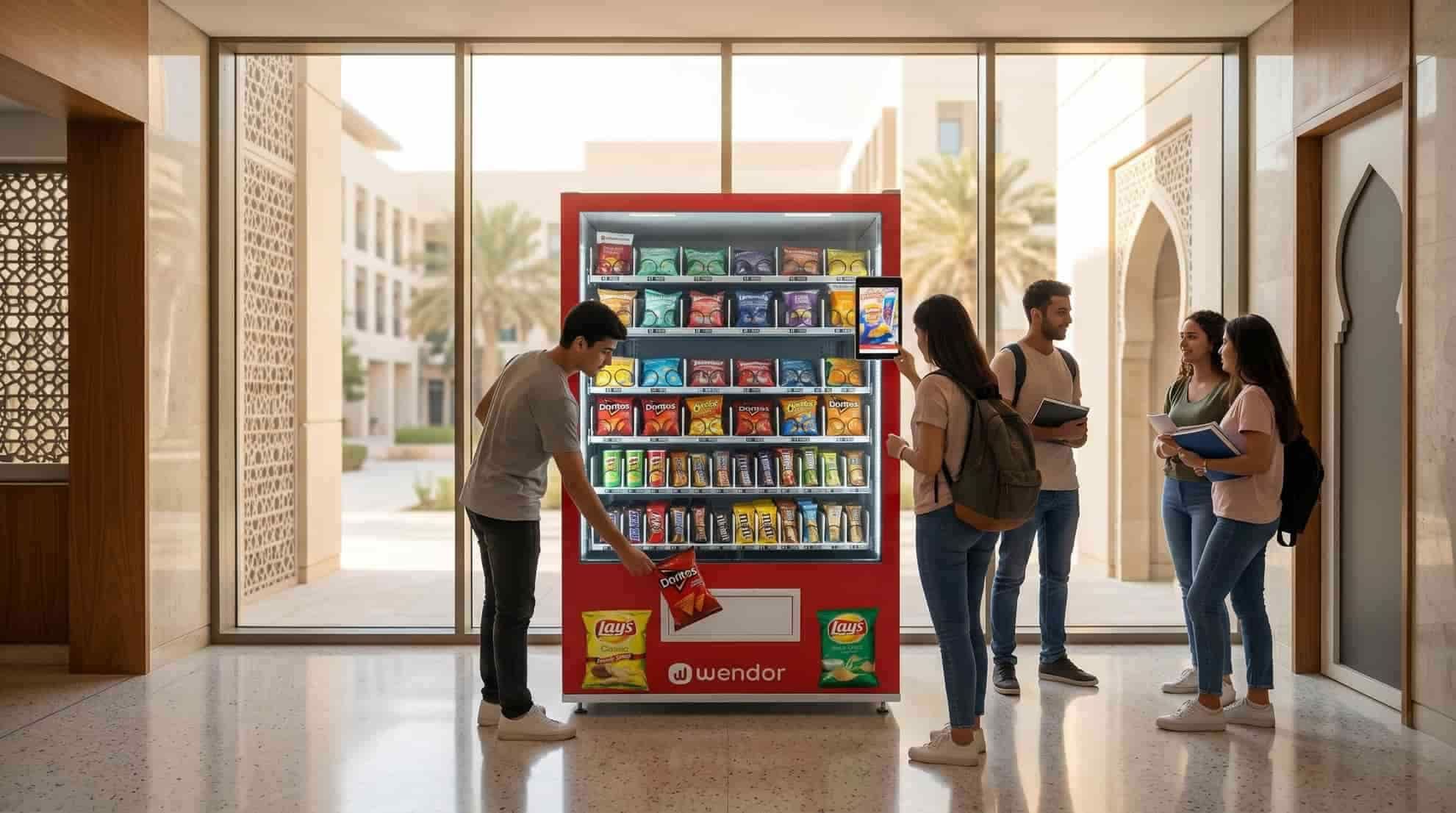 Alunos usando uma máquina de venda no campus