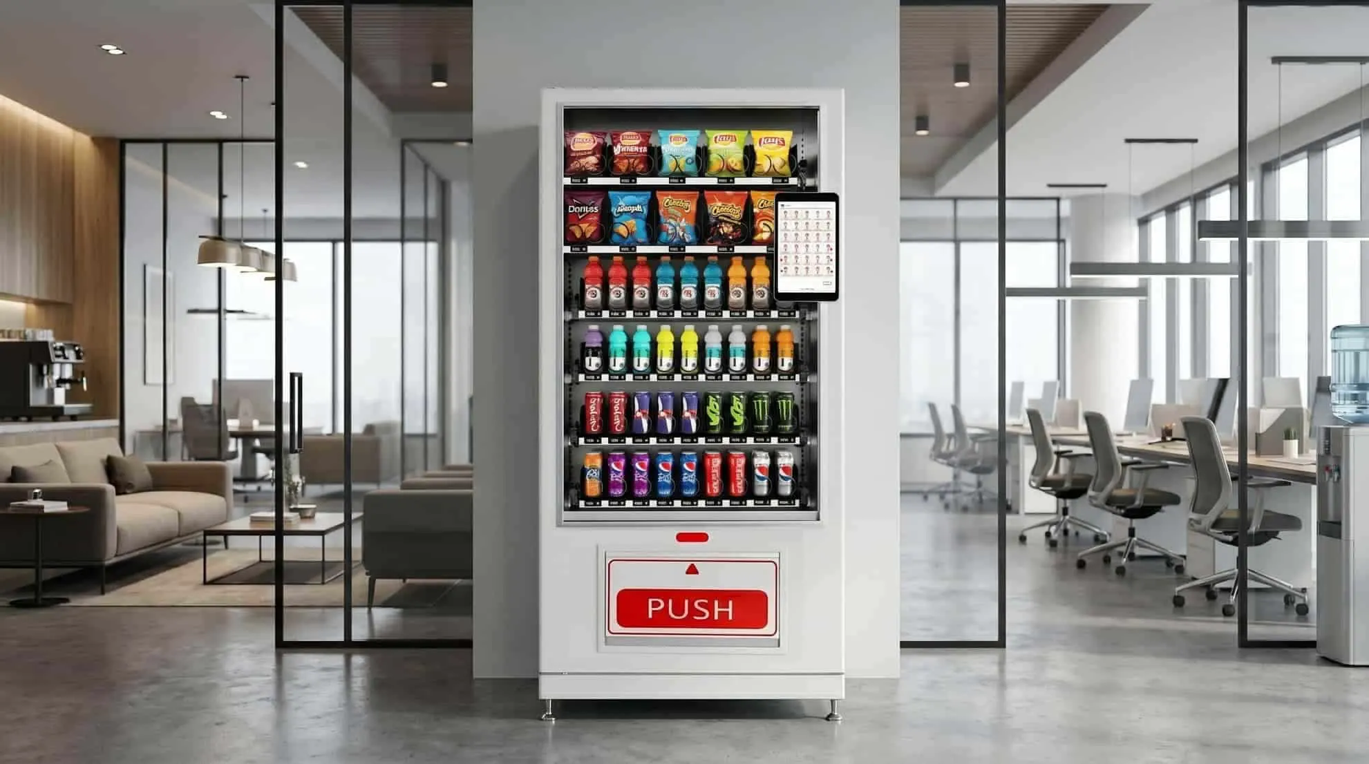 White Wendor snack and drink machine in a modern office
