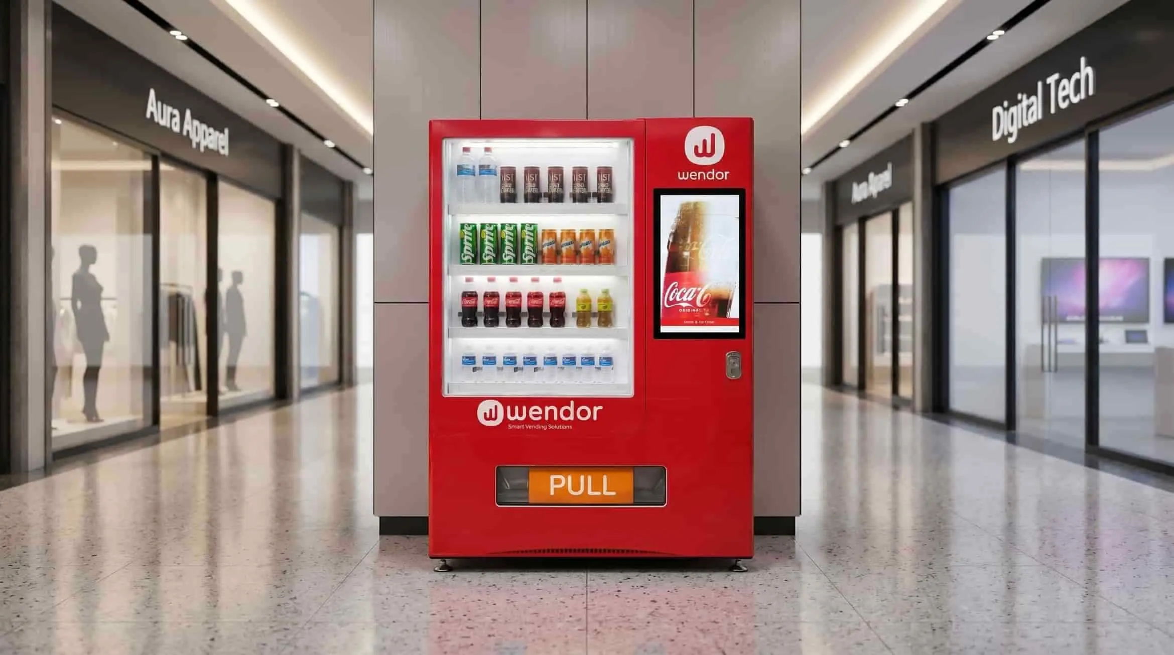 Red Wendor drinks machine in a shopping arcade