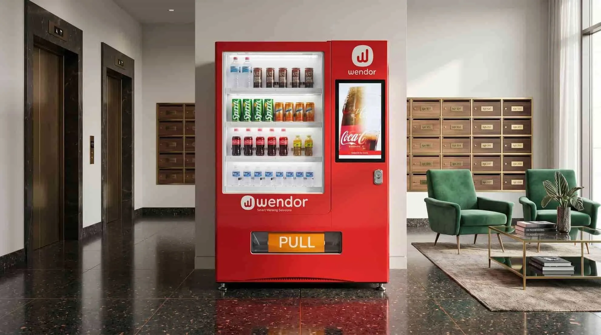 Red Wendor drinks machine in a residential lobby