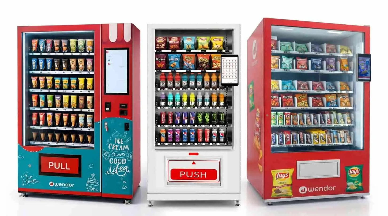 Three Wendor vending machines: a frozen machine, a white snack and drink machine and a red combo machine
